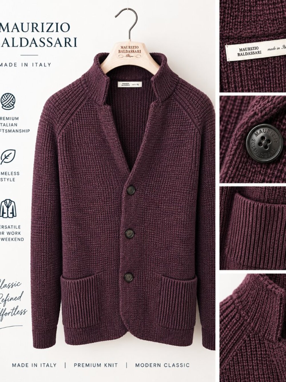 Maurizio Baldassari Burgundy Italian Knit Blazer Cardigan – Made in Italy